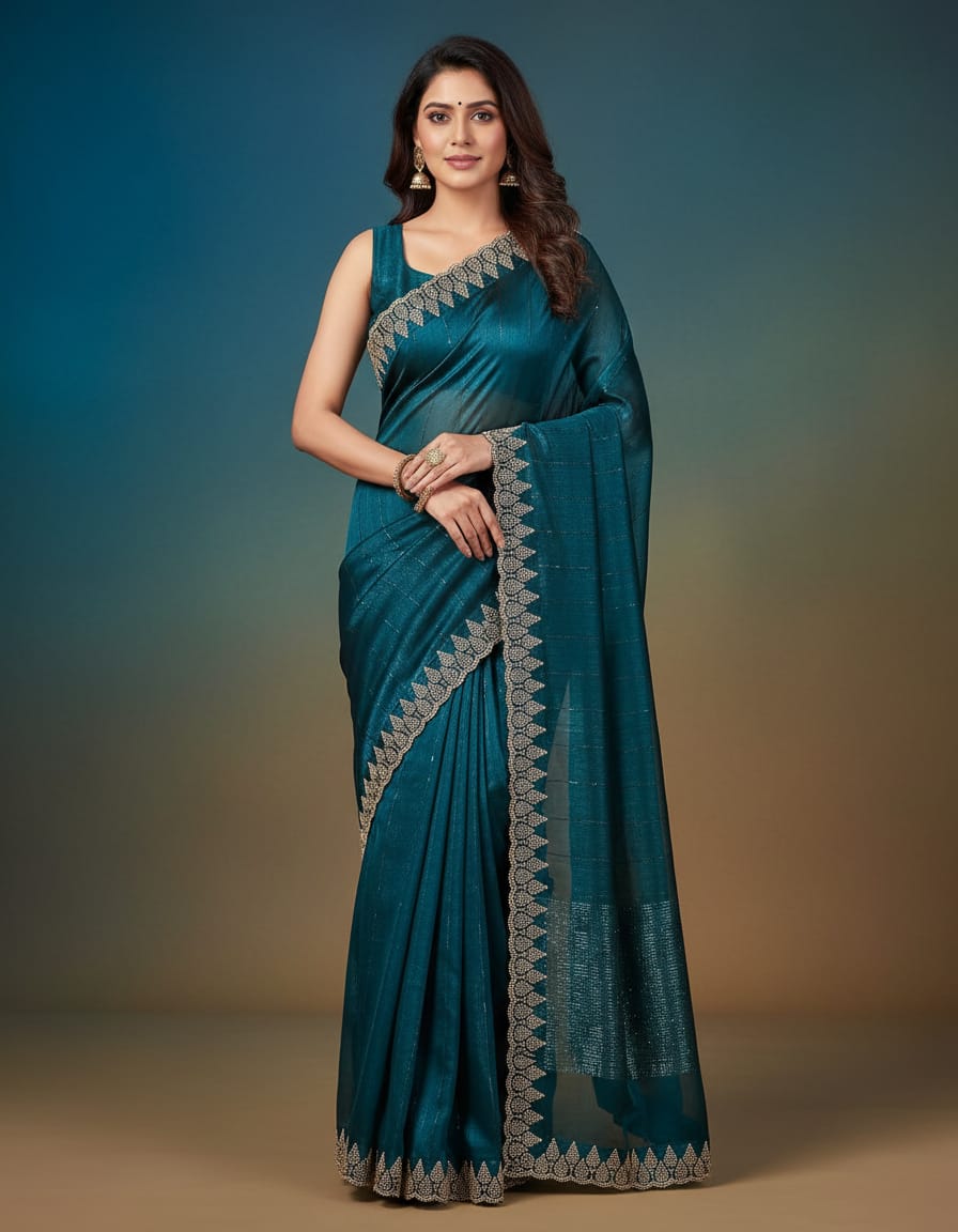 Teal Peacock Blue Shimmer Saree with Gold Embroidered Scalloped Border & Blouse
