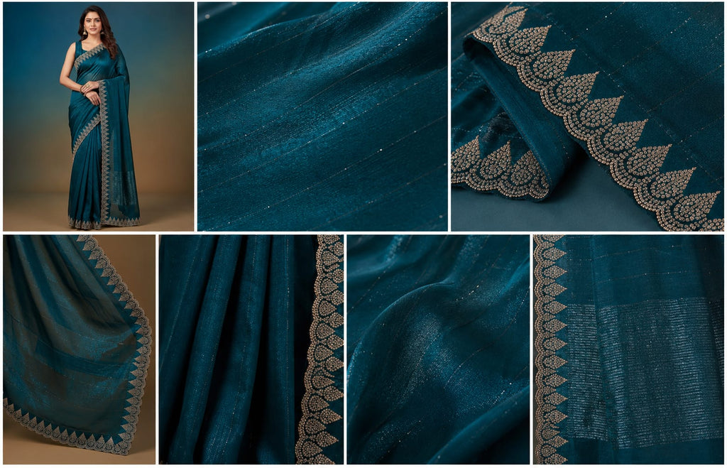 Teal Peacock Blue Shimmer Saree with Gold Embroidered Scalloped Border & Blouse