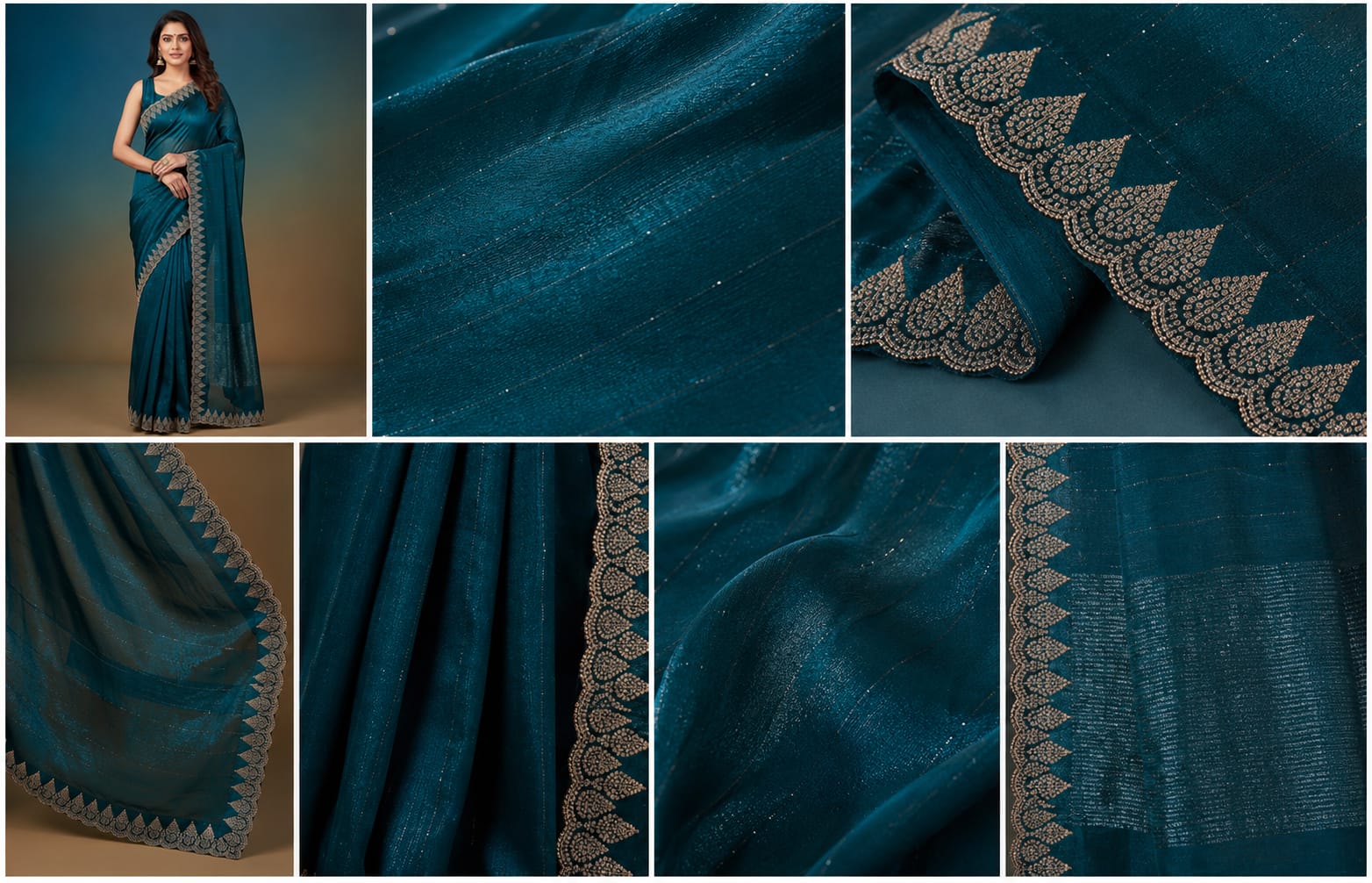 Teal Peacock Blue Shimmer Saree with Gold Embroidered Scalloped Border & Blouse
