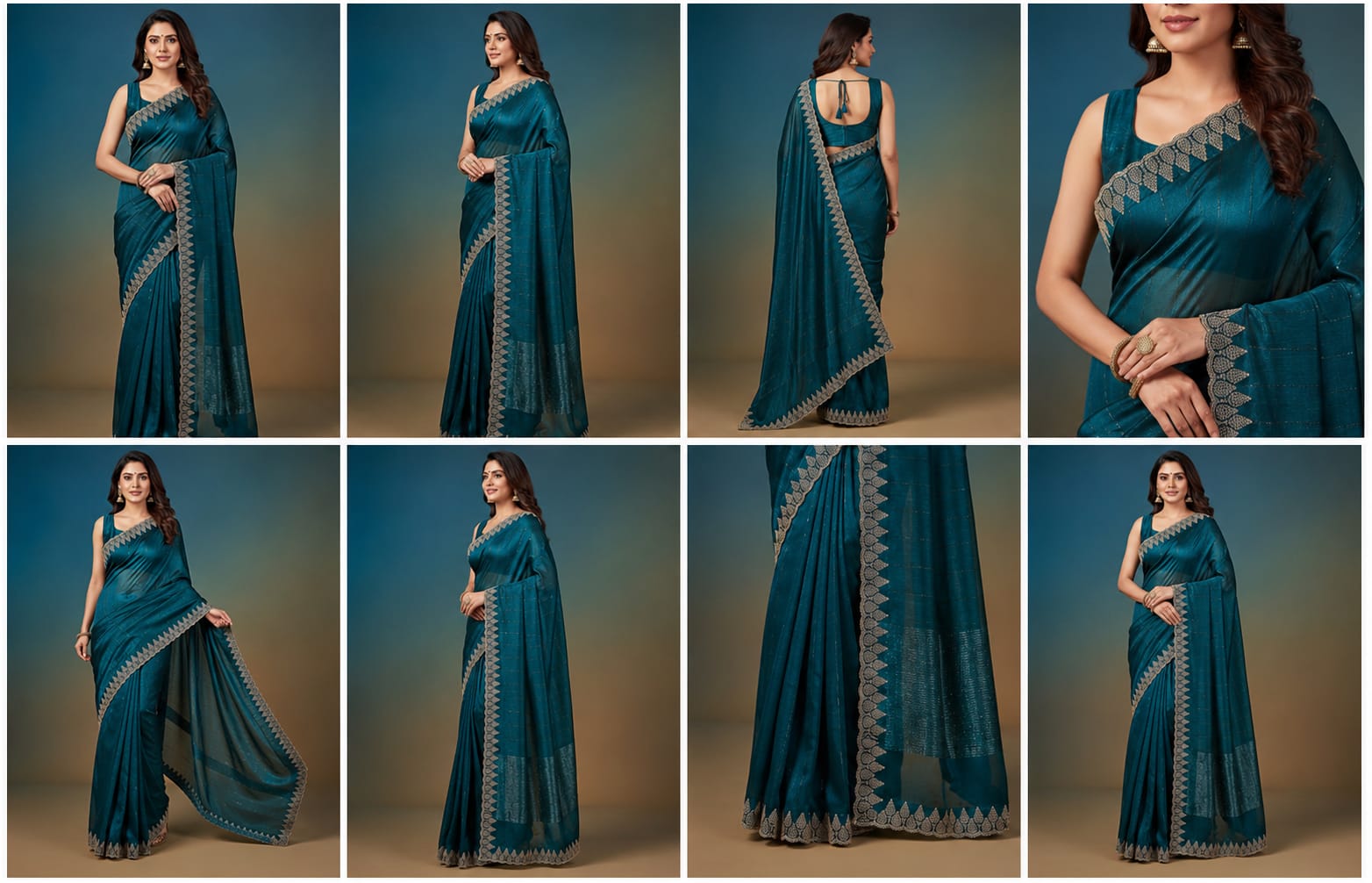 Teal Peacock Blue Shimmer Saree with Gold Embroidered Scalloped Border & Blouse