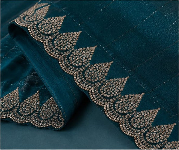 Teal Peacock Blue Shimmer Saree with Gold Embroidered Scalloped Border & Blouse