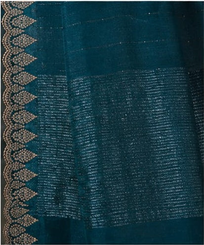 Teal Peacock Blue Shimmer Saree with Gold Embroidered Scalloped Border & Blouse