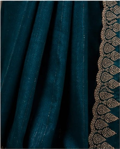 Teal Peacock Blue Shimmer Saree with Gold Embroidered Scalloped Border & Blouse