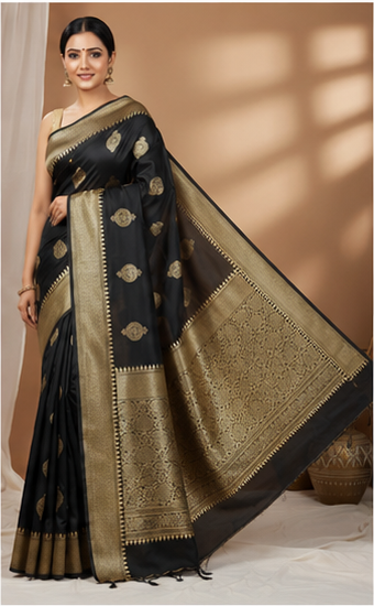Black Kanjivaram-Style Silk Saree