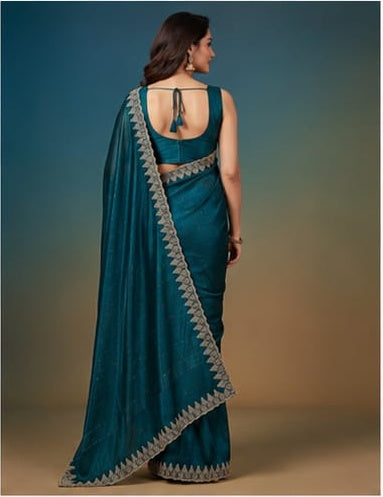 Teal Peacock Blue Shimmer Saree with Gold Embroidered Scalloped Border & Blouse