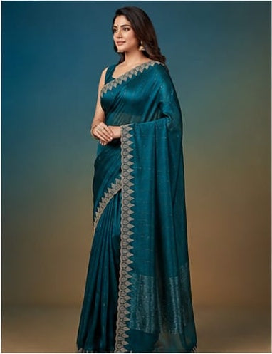 Teal Peacock Blue Shimmer Saree with Gold Embroidered Scalloped Border & Blouse
