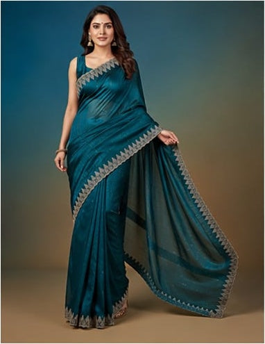 Teal Peacock Blue Shimmer Saree with Gold Embroidered Scalloped Border & Blouse