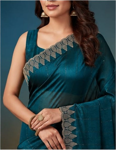 Teal Peacock Blue Shimmer Saree with Gold Embroidered Scalloped Border & Blouse