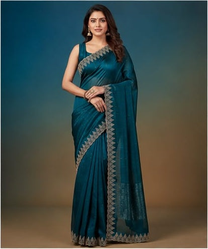Teal Peacock Blue Shimmer Saree with Gold Embroidered Scalloped Border & Blouse