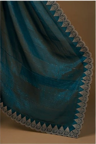 Teal Peacock Blue Shimmer Saree with Gold Embroidered Scalloped Border & Blouse