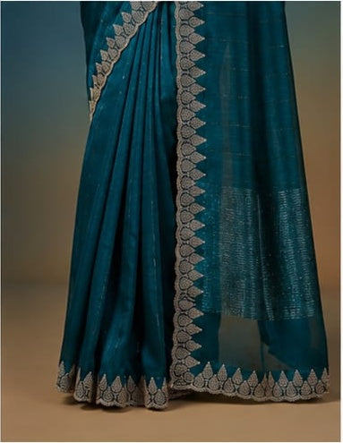 Teal Peacock Blue Shimmer Saree with Gold Embroidered Scalloped Border & Blouse